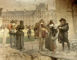 Pascal mit Desargues präsentiert Descartes seine Experimente zur Schwerkraft der Luft: Der junge Mathematiker Blaise Pascal und Girard Desargues diskutieren seine Theorie zum atmosphärischen Druck mit René Descartes auf dem P
