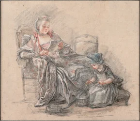 Frau liest und ein Mädchen spielt Marquise de Pompadour mit ihrer Tochter Alexandrine, ca. 1748