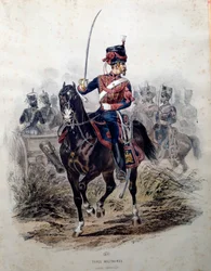 Soldat der kaiserlichen Garde zu Pferd. Lithographie von Francois Lalaisse