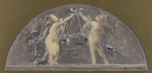 Skizze für den Speisesaal des Hôtel de Ville de Paris, zwei Kinder heben zusammen eine große Kiste