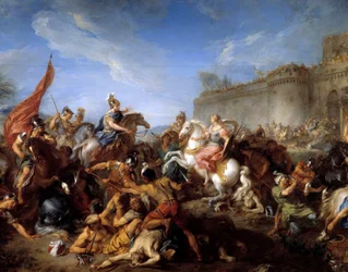 Tancrède übergibt Clorinde Waffen. Illustration zu dem Gedicht „Das befreite Jerusalem“ (La gerusalemme liberata) von Torquato Tasso (genannt Le Muche)