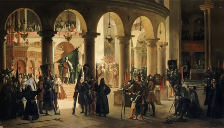 Godefroy de Bouillon legt in der Kirche des Heiligen Grabes die Trophäen von Askalon nieder