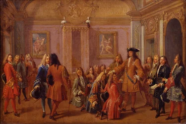 Erste Erhebung der Ritter des Ordens von Saint-Louis durch Ludwig XIV. in Versailles am 8. Mai 169