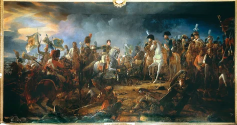 Die Schlacht von Austerlitz am 2.12.1805: General Rapp präsentiert die vom Feind erbeuteten Fahnen