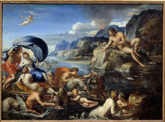 Acis und Galatea. Die Nymphe Galatea und Acis werden vom Zyklopen Polyphem beobachtet, der eifersüchtig auf ihre idyllische Liebe ist. Nach Ovids „Metamorphosen“. Gemälde von François Perrier