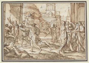 Plünderung einer Stadt. Ein Platz zwischen großen Gebäuden. Im Vordergrund links liegen Tote, zwischen ihnen sieht man Leute, die Schätze wegtragen. Rechts eine Gruppe Frauen mit Kostbarkeiten in den Händen. Unten eine erklärende Aufschrift