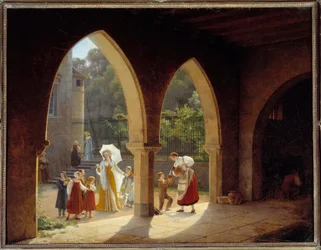 Madame Elisabeth von Frankreich (1764-1794), Schwester von Ludwig XVI., hilft bei der Milchverteilung in ihrem Haus in Montreuil bei Versailles. Gemälde von Francois Richard Fleury (1777-1852)