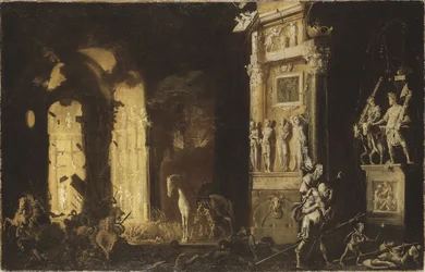 Der Brand Trojas mit Aeneas, der Anchises trägt