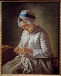 Porträt einer Frau beim Stricken. Gemälde von Francoise Duparc, 18. Jahrhundert