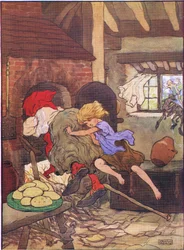 Gretel stieß sie schnell in den Ofen, aus Hänsel und Gretel, veröffentlicht von Blackie & Son Limited, ca. 1940