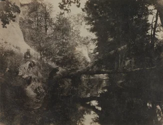 Landschaft mit sitzender Figur am Ufer eines Baches, ca. 1856