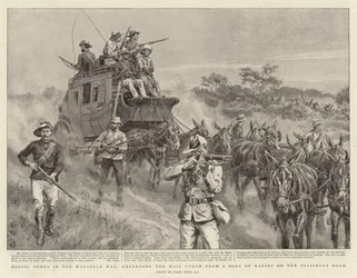 Heroische Taten im Matabele-Krieg, Verteidigung der Postkutsche gegen eine Gruppe von Kafirs auf der Salisbury Road