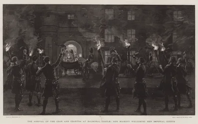 Die Ankunft des Zaren und der Zarin im Balmoral Castle, Ihre Majestät begrüßt ihre kaiserlichen Gäste