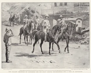 Der tapfere Verteidiger von Ladysmith und sein Stab verlassen das Hauptquartier für eine Inspektionsreise