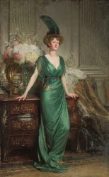 Porträt der ehrenwerten Mrs. Ernest Guinness, stehend, in einem smaragdgrünen Kleid und Feder, 1912