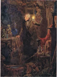 Er war ein kleiner alter Mann mit langen grauen Haaren, dessen Gesicht und Gestalt, als er das Licht über seinen Kopf hielt und vor sich schaute, um 1920