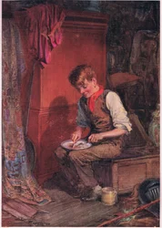 Kit trug eine große Scheibe Brot und Fleisch in eine Ecke und machte sich daran, sie mit großer Gier zu verzehren, um 1920