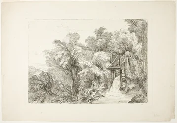 Eine Mühlenschleuse inmitten von Weiden, Platte 97 aus Figures de différents caractères, de Paysages, et d’Études dessinées d