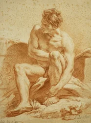 Ein sitzender Akt mit einem Stab, ein Relief mit Putti links