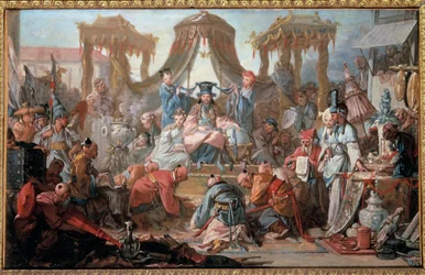 Audienz des Kaisers von China. Die Untertanen verneigen sich vor dem Kaiser. (Detail)