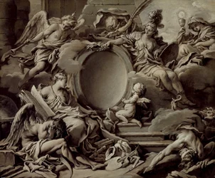 Entwurf für eine Kartusche: Eine Allegorie von Minerva, Ruhm, Geschichte und Glaube, die Unwissenheit und Zeit überwinden, ca. 1727