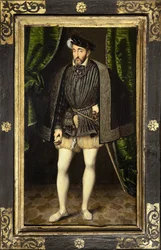 Porträt von Heinrich II (1519-1559), Sohn von Franz I. und Claude de France, König von Frankreich von 1547 bis 1559, Gemälde aus der Werkstatt von François Clouet, um 1520-1572, verkleinerte Version des lebensgroßen Porträts von François Clouet. Fotografie