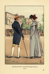 Modisches Paar schlendert auf dem Boulevard du Temple, Paris. Der Boulevard des Petits Spectacles