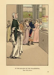 Modische Frau spaziert durch die Galerie des Palais Royal, Paris, Jahr VIII