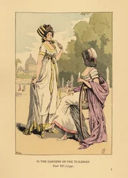 Zwei modische Frauen in den Gärten der Tuilerien, Jardins des Tuileries, Paris, Jahr VII
