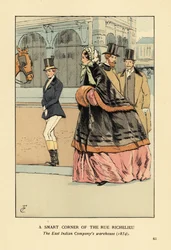 Frau im Pelzbesetzten Umhang und Muff über einem weiten Reifrock, mit einer anderen Frau in Reitkleidung. Eine schicke Ecke der Rue de Richelieu, das Lagerhaus der Ostindien-Kompanie, Paris