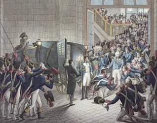 Abreise von Louis XVIII (1755-1824), König von Frankreich und Navarra, aus Les Tuileries, 19. März 1815 (Farbstich)