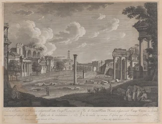Ansicht des Campo Vaccino, mit dem Kolosseum im Hintergrund und den Ruinen des Tempels..., 1796