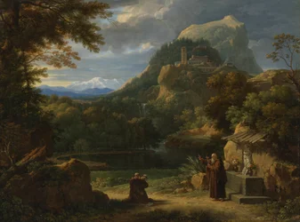 Der heilige Antonius von Padua stellt zwei Novizen den Mönchen in einer bergigen Landschaft vor
