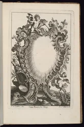 Kartusche mit Putto, der Trompeten hält, Livre de Cartouches Irréguliers (Buch der unregelmäßigen Kartuschen)