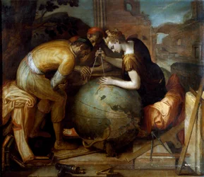 Geometrie. Allegorie und Personifikation der Geometrie, die einen Zirkel über einem Globus hält. Verschiedene geometrische Instrumente sind im Vordergrund angeordnet.
