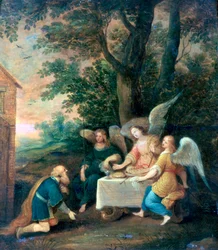 Abraham kniet vor drei Engeln