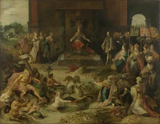 Allegorie auf die Abdankung von Kaiser Karl V. in Brüssel am 25. Oktober 1555, 1642