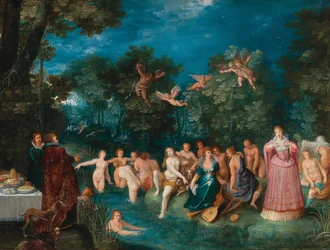 Diana und ihre Nymphen beim Baden, mit einer Hirschjagd im Hintergrund, ca. 1606