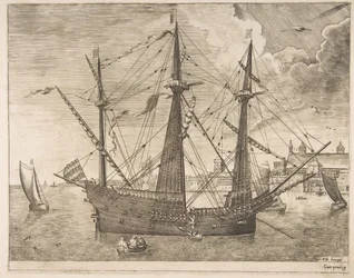 Bewaffneter Dreimaster vor Anker in der Nähe einer Stadt aus Die Segelschiffe, ca. 1555-56