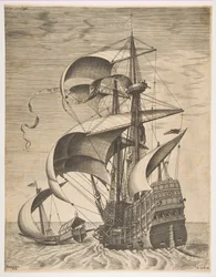 Bewaffneter Dreimaster auf offener See begleitet von einer Galeere, aus der Serie Segelschiffe..., 1561-65