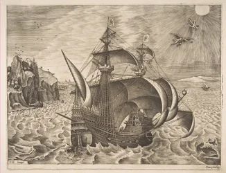 Bewaffneter Dreimaster mit Daedalus und Ikarus am Himmel aus Die Segelschiffe, 1561-65
