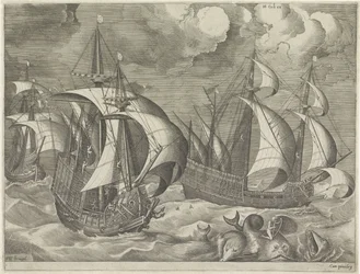 Drei Kriegsschiffe, im Vordergrund Arion auf einem Delfin
Segelschiffe (Serientitel)