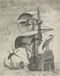 Ein Kriegsschiff begleitet von einer Galeere