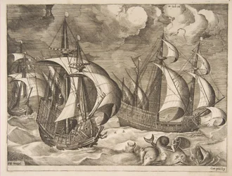Drei Karavellen in einem aufkommenden Sturm mit Arion auf einem Delfin aus Die Segelschiffe, 1561-65