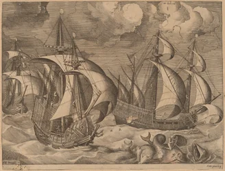 Drei Karavellen in einem aufkommenden Sturm mit Adrion auf einem Delphin