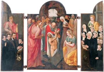 Triptychon: Die Auferweckung des Lazarus im zentralen Fach mit einem knienden männlichen Stifter, präsentiert von St. Jacob und seinen Söhnen auf dem linken Flügel, seine Frau kniend, präsentiert von St. Katharina und ihren Töchtern auf dem rechten Flügel