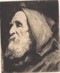 Alter blinder Mann im Profil mit Kapuze über dem Kopf