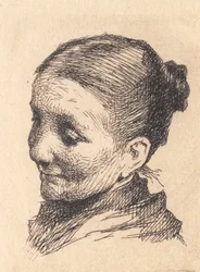 Kopf einer älteren Frau, nach links gewandt, mit gesenktem Blick