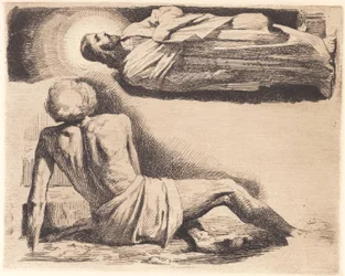 Probedruck: Liegender Mann und eine Christusfigur oben