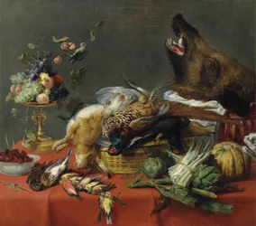 Gedeckter Tisch mit Wild, Obst, Gemüse und einem Wildschweinkopf